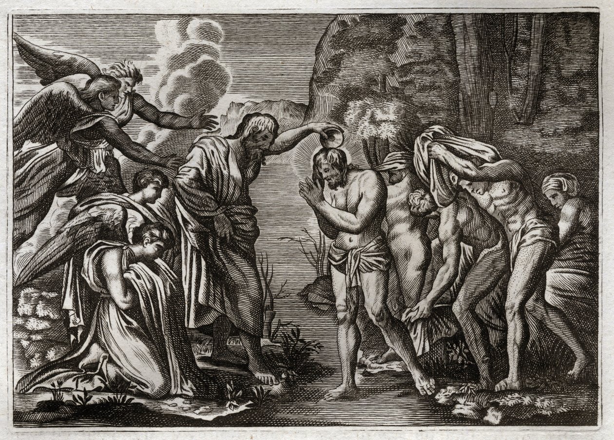 Bíblia de Royaumont, Novo Testamento: Baptismo de Jesus Cristo. São João Batista batizando Jesus Cristo nas águas do rio Jordão. Ilustração de 1811. de Unknown artist