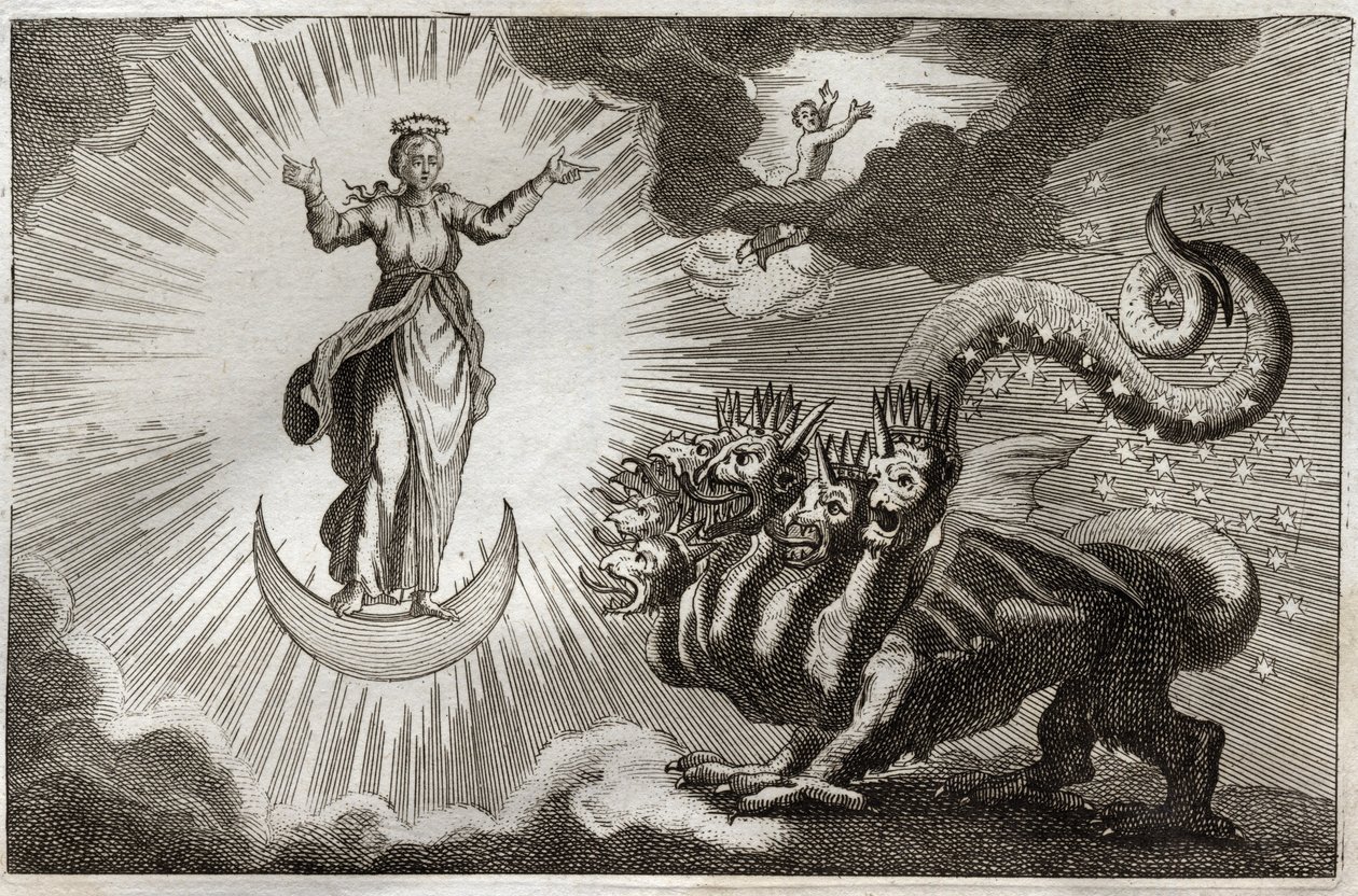 Bíblia de Royaumont, Novo Testamento: Bete do Apocalipse. São João vê uma besta monstruosa com sete cabeças e dez chifres e uma mulher grávida rodeada de luz, sob cujos pés está a lua e sobre sua cabeça uma coroa de doze estrelas. Ilustração de 1811. de Unknown artist