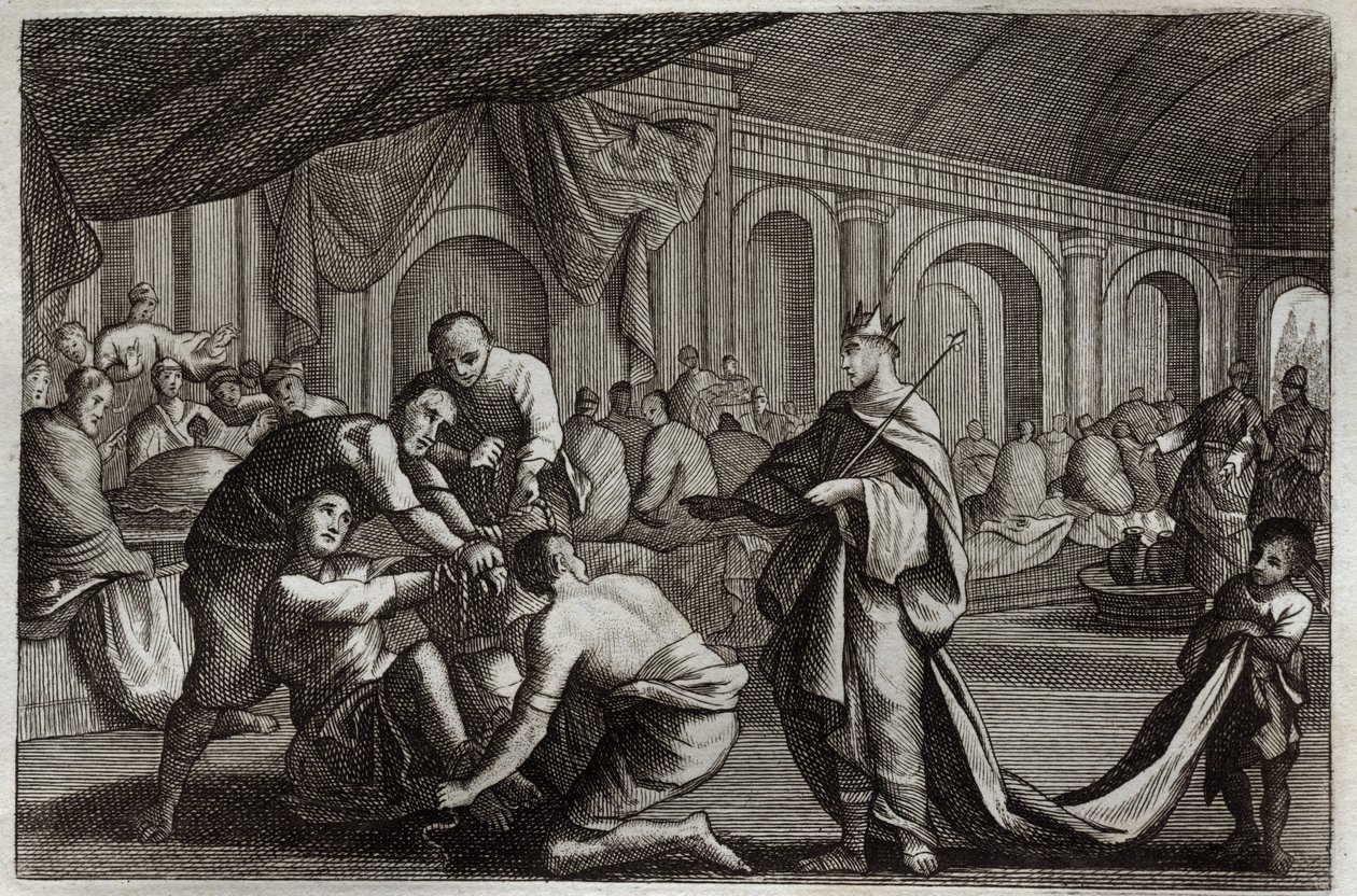 Bíblia de Royaumont, Novo Testamento: Vestido de noiva. Parábola de um rei que fez o casamento de seu filho, da qual ele rejeitou um homem que não tinha o vestido de noiva. Ilustração de 1811. de Unknown artist