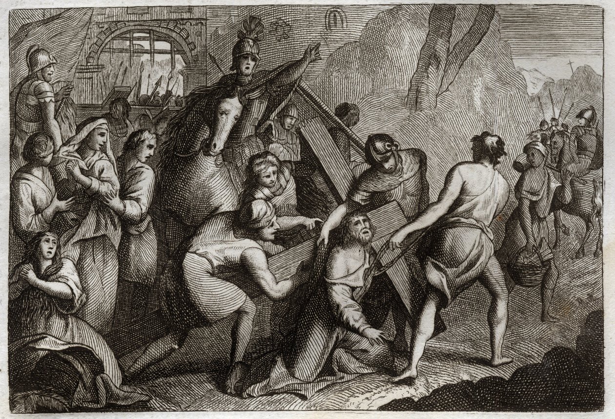 Bíblia de Royaumont, Novo Testamento: Carregando a Cruz (Via Sacra). Jesus Cristo leva a sua cruz ao Monte Calvário, ajuda de Simão de Cirene (o Cireneu). Ilustração de 1811. de Unknown artist