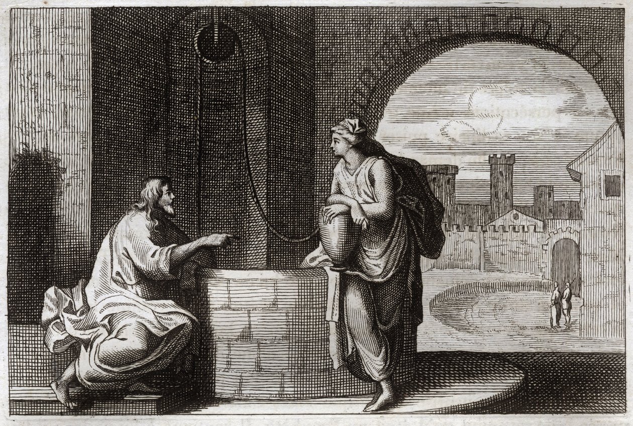 Bíblia de Royaumont, Novo Testamento: Cristo e Samaritano no Poço. Jesus Cristo converte uma mulher samaritana. Ilustração de 1811. de Unknown artist
