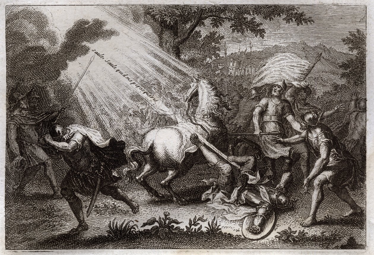 Bíblia de Royaumont, Novo Testamento: Conversão de S. Paulo a caminho de Damasco. Ele ouve a voz de Jesus Cristo que lhe diz "Salgueiro, Salgueiro, que me persegue" (Saulo, Saulo, por que me persegues?) e um cavalo cai. Ilustração de 1811. de Unknown artist