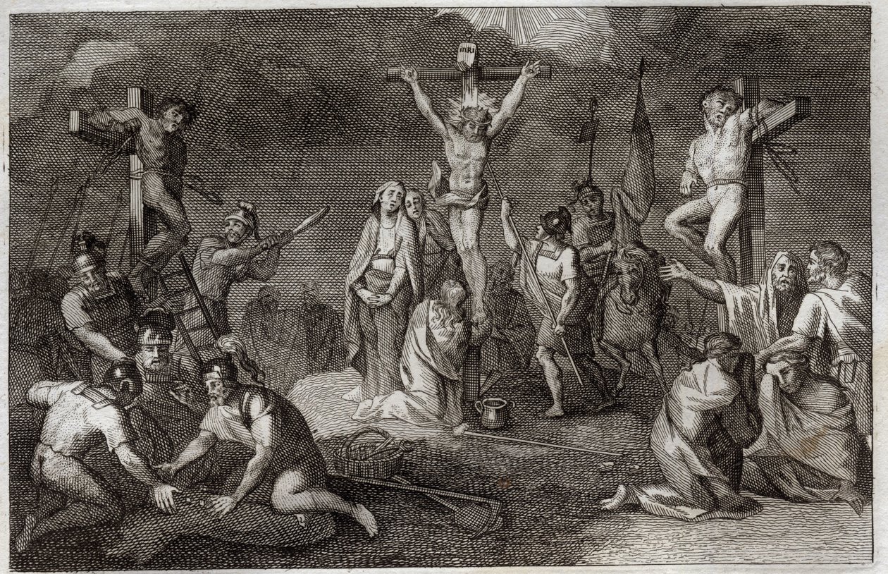 Bíblia de Royaumont, Novo Testamento: Crucificação de Jesus Cristo. A Virgem Maria, Santa Maria Madalena e São João aos pés da cruz, São Longino Centurião (São Longino) com a sua lança, soldados tocando a túnica de Cristo. Nos lados, repr de Unknown artist