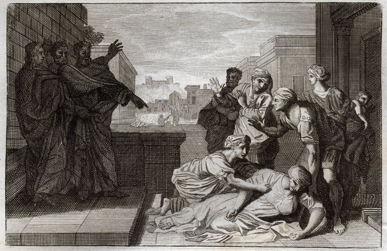 Bíblia de Royaumont, Novo Testamento: Morte de Anania e de sua esposa Saphire antes de São Pedro e São João. Ilustração de 1811. de Unknown artist