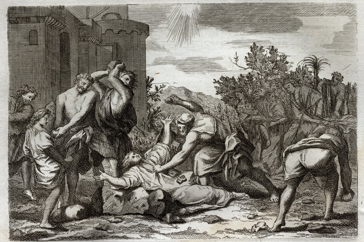 Bíblia de Royaumont, Novo Testamento: Morte de Santo Estêvão, primeiro mártir cristão, por apedrejamento. Ilustração de 1811. de Unknown artist