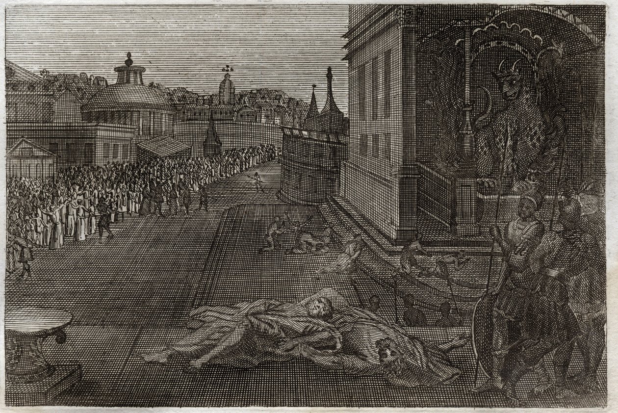 Bíblia de Royaumont, Novo Testamento: A morte dos dois Profetas. A visão que São João teve de dois Profetas mortos, que depois ressuscitaram. A sétima trombeta do Apocalipse. Ilustração de 1811. de Unknown artist