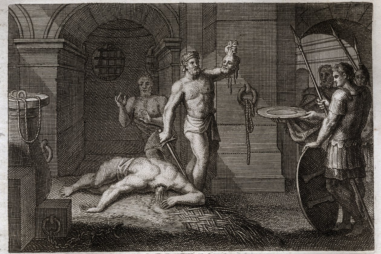 Bíblia de Royaumont, Novo Testamento: Decolação de São João Baptista. Coloca-se a cabeça num planalto. Ilustração de 1811. de Unknown artist