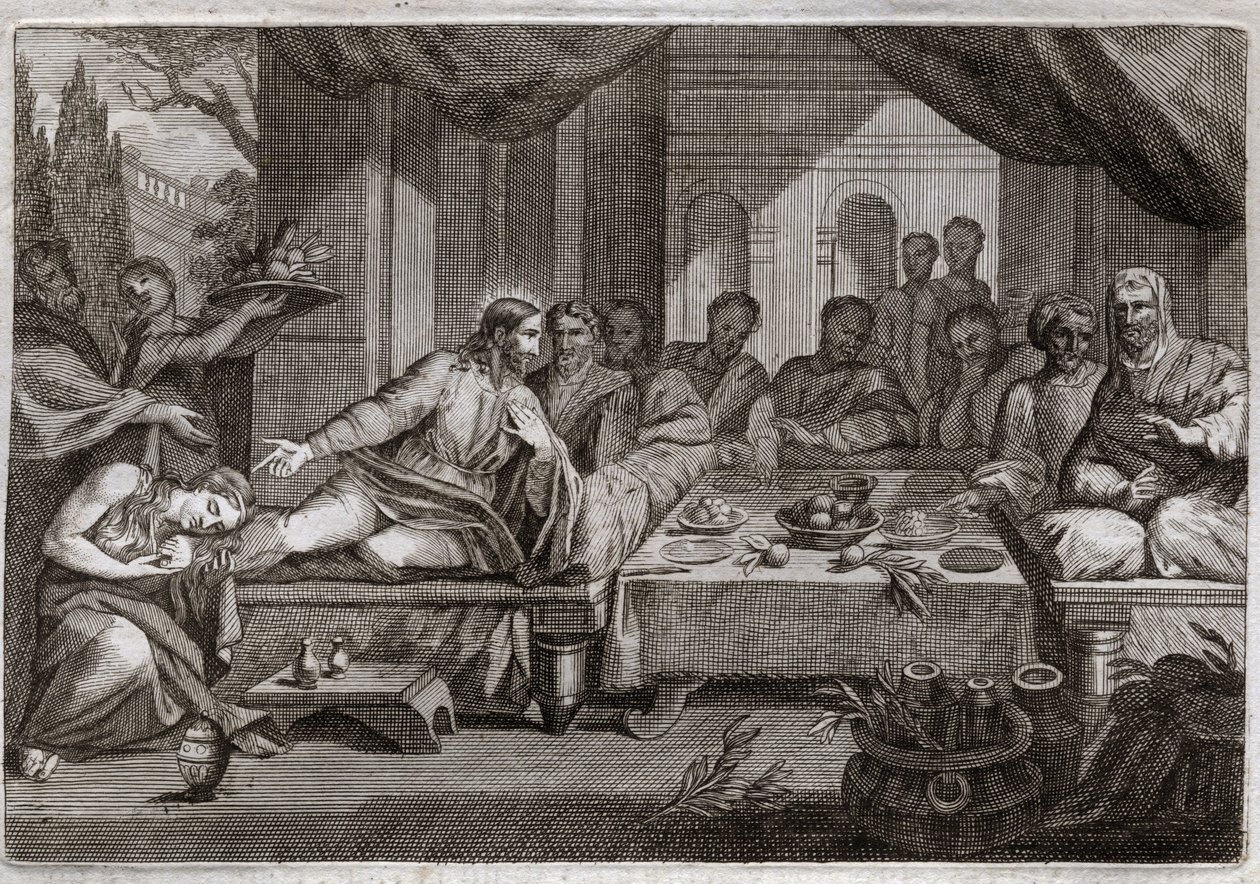 Bíblia de Royaumont, Novo Testamento: Jantar em casa de Simão, o fariseu. Maria Madalena foi chorar aos pés de Jesus Cristo em Simão, o fariseu, e obteve o perdão de seus pecados. Ela unge os pés de Cristo com ungüento e os limpa com o cabelo. Il de Unknown artist