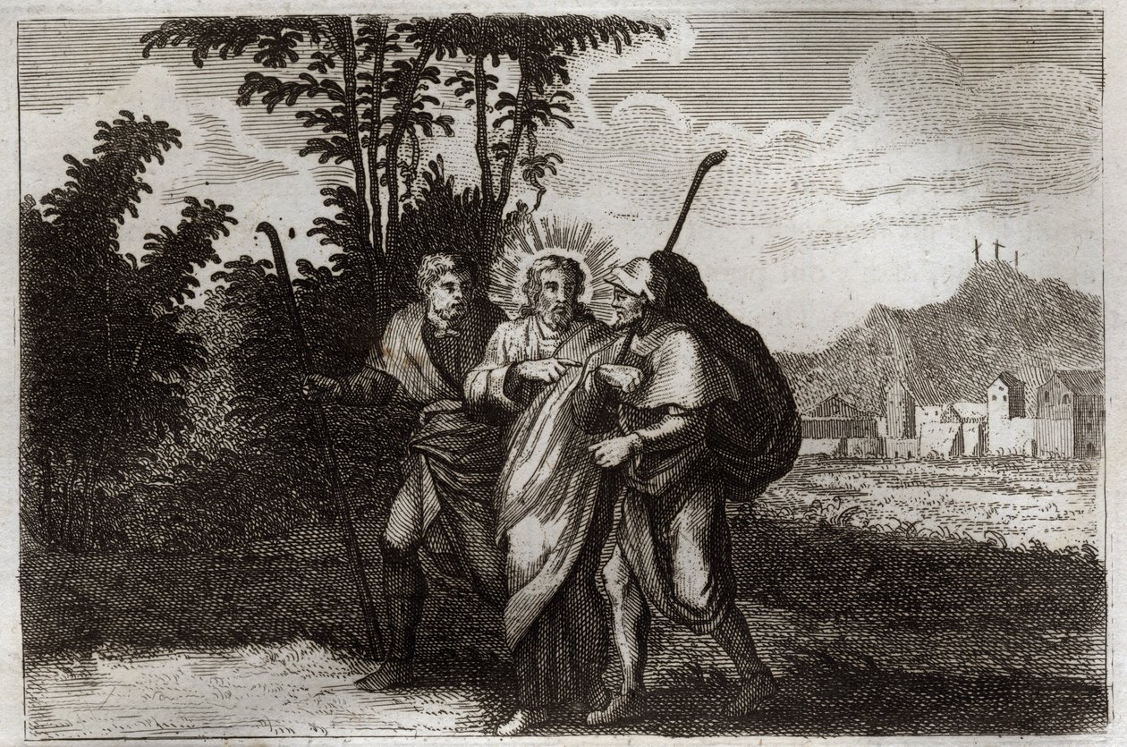 Bíblia de Royaumont, Novo Testamento: Discípulos de Emaús. Os dois discípulos de Emaús) encontra o Cristo ressuscitado. Ilustração de 1811. de Unknown artist