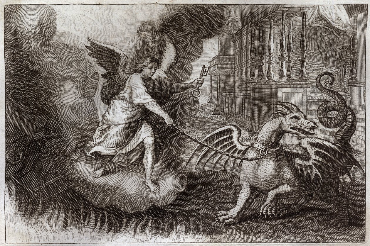 Bíblia de Royaumont, Novo Testamento: Correntes de Dragões. O Dragão do Apocalipse, símbolo do Diabo, é acorrentado por um Anjo segurando a chave do abime. Ilustração de 1811. de Unknown artist