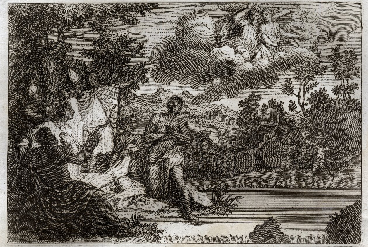 Bíblia de Royaumont, Novo Testamento: O Eunuco baptiza. São Felipe Diácono anuncia a fé a um Eunuco da Rainha da Etiópia e o batiza. Ilustração de 1811. de Unknown artist