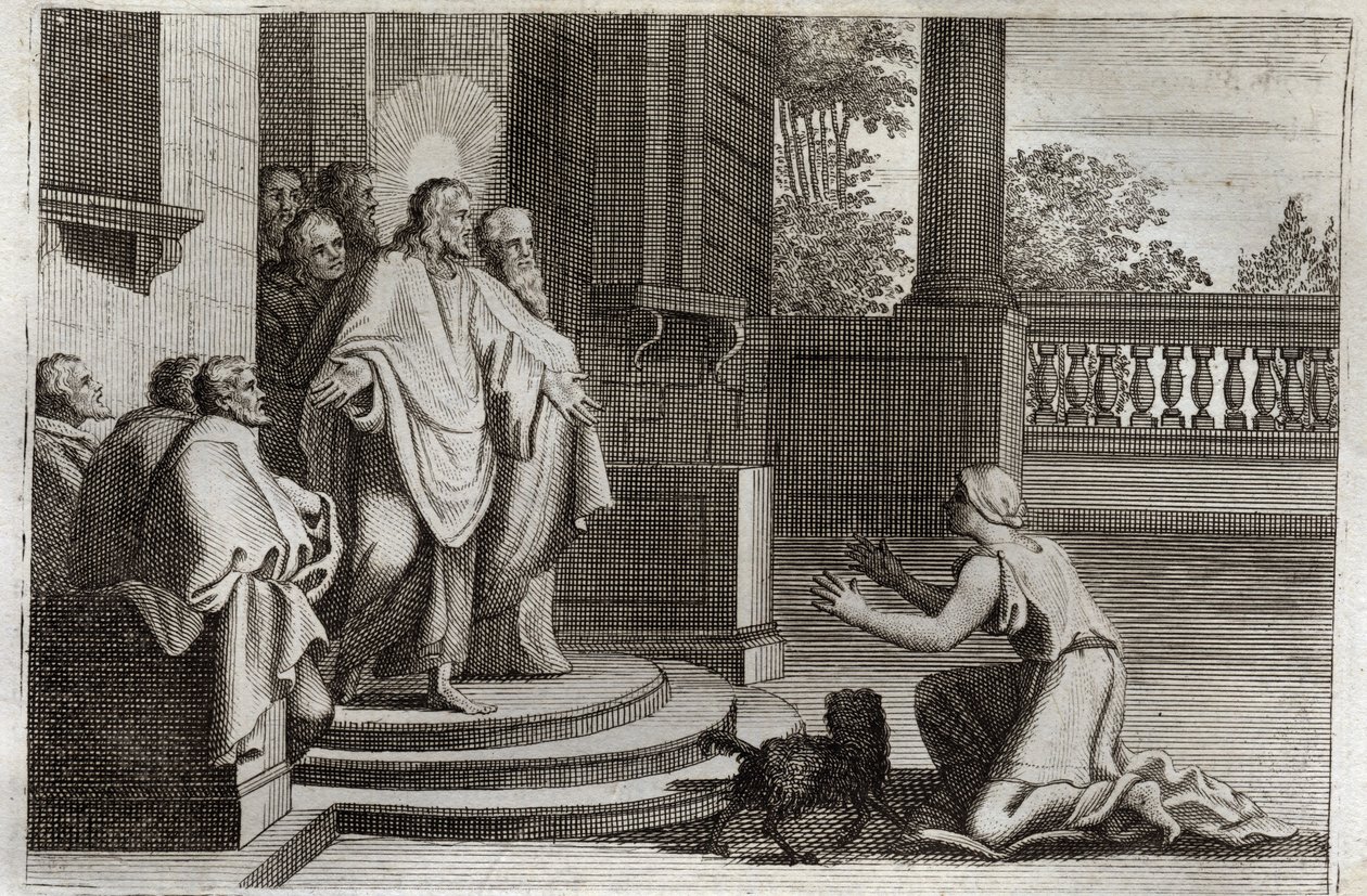 Bíblia de Royaumont, Novo Testamento: Jesus Cristo e a esposa de Canaã (O Canan ou a mulher estrangeira). Um camponês pede ajuda ao Senhor para curar sua filha. Cristo lhe respondeu: "Fui enviado apenas para as ovelhas perdidas da casa de Israel." Ilustraç de Unknown artist