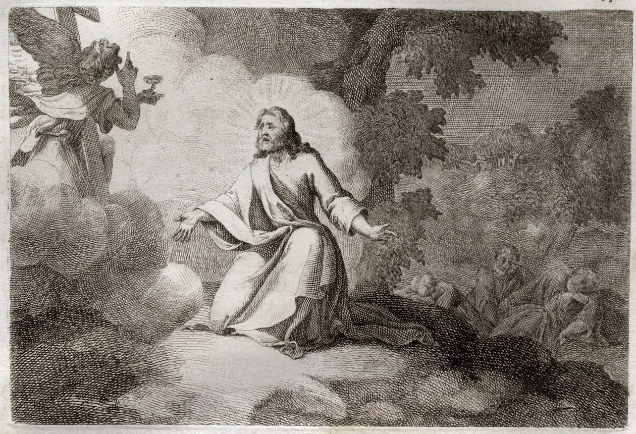 Bíblia de Royaumont, Novo Testamento: Jesus Cristo no Jardim (oração no Monte das Oliveiras). Um anjo segurando um cálice aparece a Jesus. Os apoters de São Pedro, São João e São Tiago estão dormindo. Ilustração de 1811. de Unknown artist