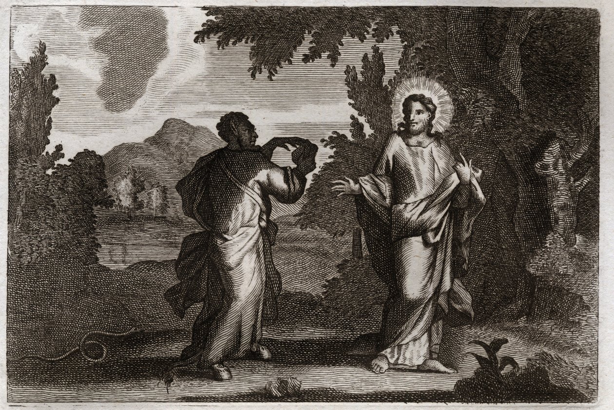 Bíblia de Royaumont, Novo Testamento: Jesus Cristo no deserto. Jesus é levado para o deserto. Ele é jovem durante quarenta dias e quarenta noites. Ele é tentado pelo demônio que o convida a transformar pedras em pão. Ilustração de 1811. de Unknown artist