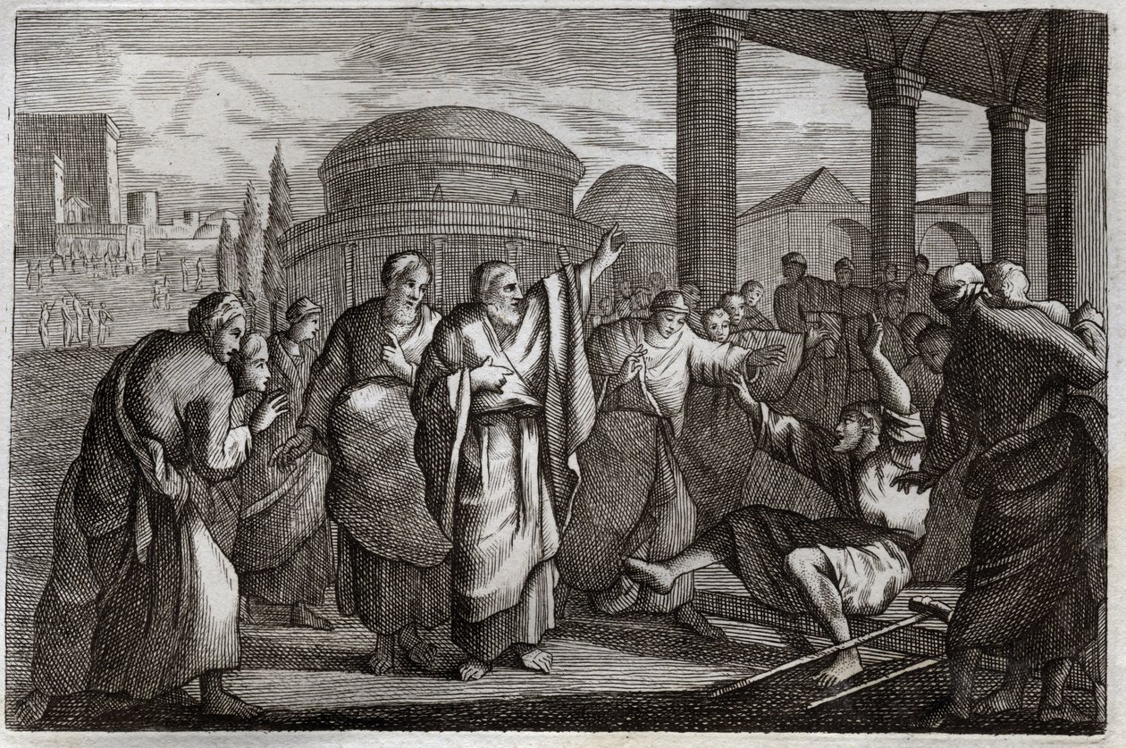 Bíblia de Royaumont, Novo Testamento: Lame gueri. São Paulo guerreia um coxo e prende um povo que queria sacrificar-se a ele como a um Deus. Ilustração de 1811. de Unknown artist