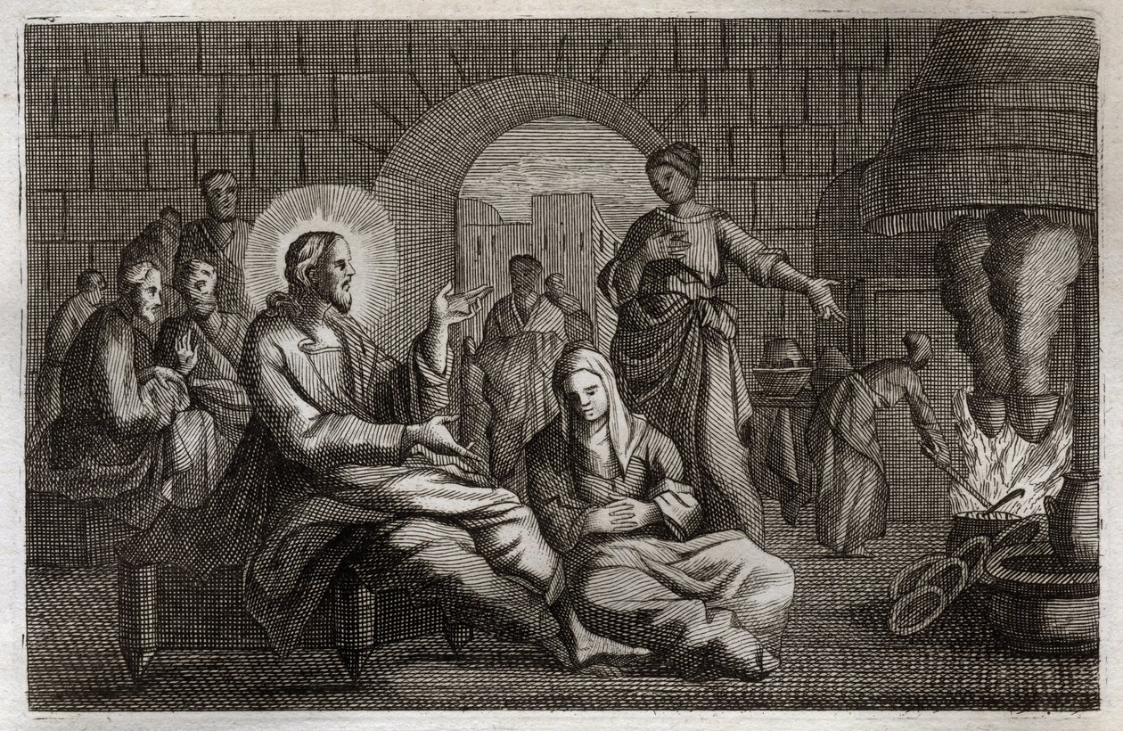 Bíblia de Royaumont, Novo Testamento: Martha e Maria. Jesus Cristo entra na casa de Marta, que se apressa para recebê-lo enquanto sua irmã, Maria de Betânia, ouve sua palavra. Ilustração de 1811. de Unknown artist