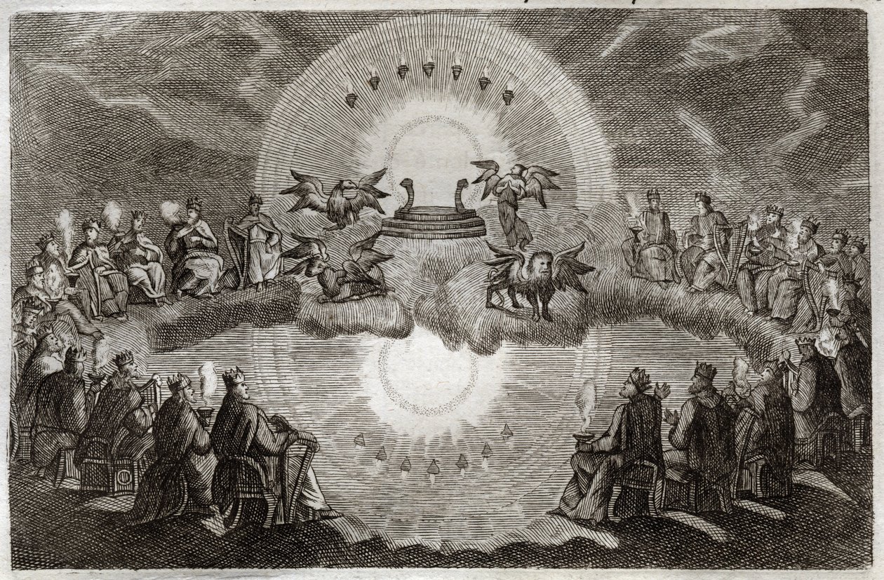 Bíblia de Royaumont, Novo Testamento: Céu Aberto. Um trono aparece rodeado por um leão, um boi, um homem e uma águia (tetramorfo) e sete lâmpadas. Vinte e quatro idosos sentados em tronos rodeiam esta visão. Ilustração de 1811. de Unknown artist