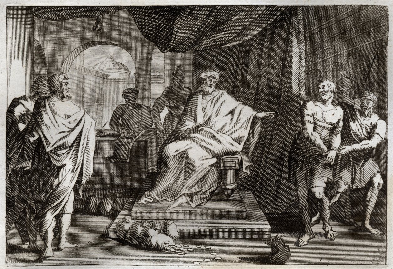 Bíblia de Royaumont, Novo Testamento: Parábola dos Talentos. Um mestre castiga um de seus servos que escondeu o dinheiro que ele lhe deu. Ilustração de 1811. de Unknown artist