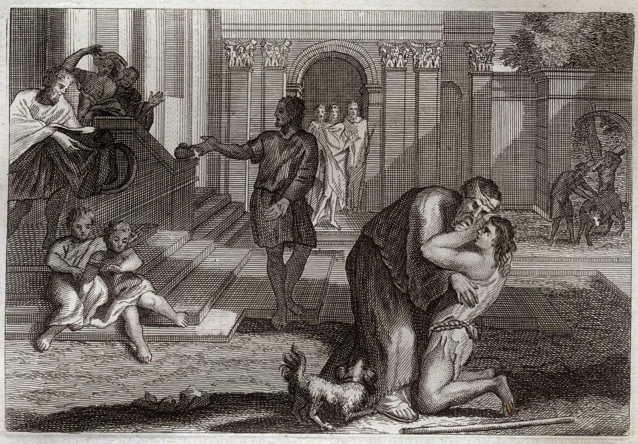 Bíblia de Royaumont, Novo Testamento: Parábola da Criança Prodigal. O filho volta para casa depois de ter saído e perdido todos os seus bens. Ele vem para pedir perdão ao pai. Ilustração de 1811. de Unknown artist