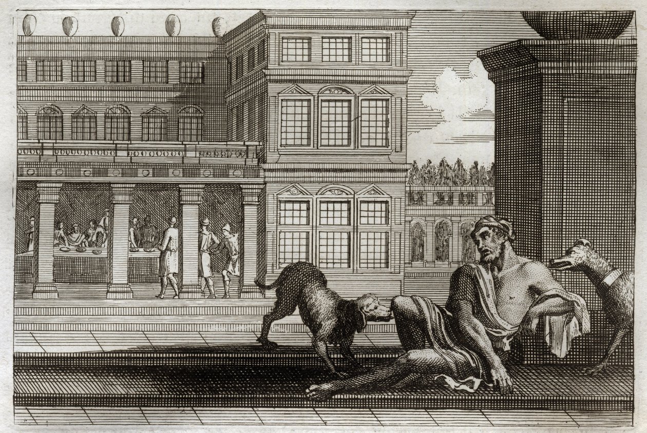 Bíblia de Royaumont, Novo Testamento: Parábola dos ricos maus representa à mesa nas costas e Lázaro, o mendigo, cujos cães dos ricos lambem as feridas. Ilustração de 1811. de Unknown artist