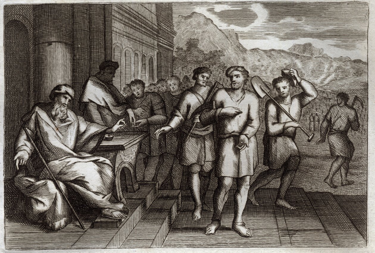 Bíblia de Royaumont, Novo Testamento: Parábola dos trabalhadores da videira ou parábola dos trabalhadores da décima primeira hora. Obreiros que o Pai da família envia para trabalhar na sua vinha. Ilustração de 1811. de Unknown artist