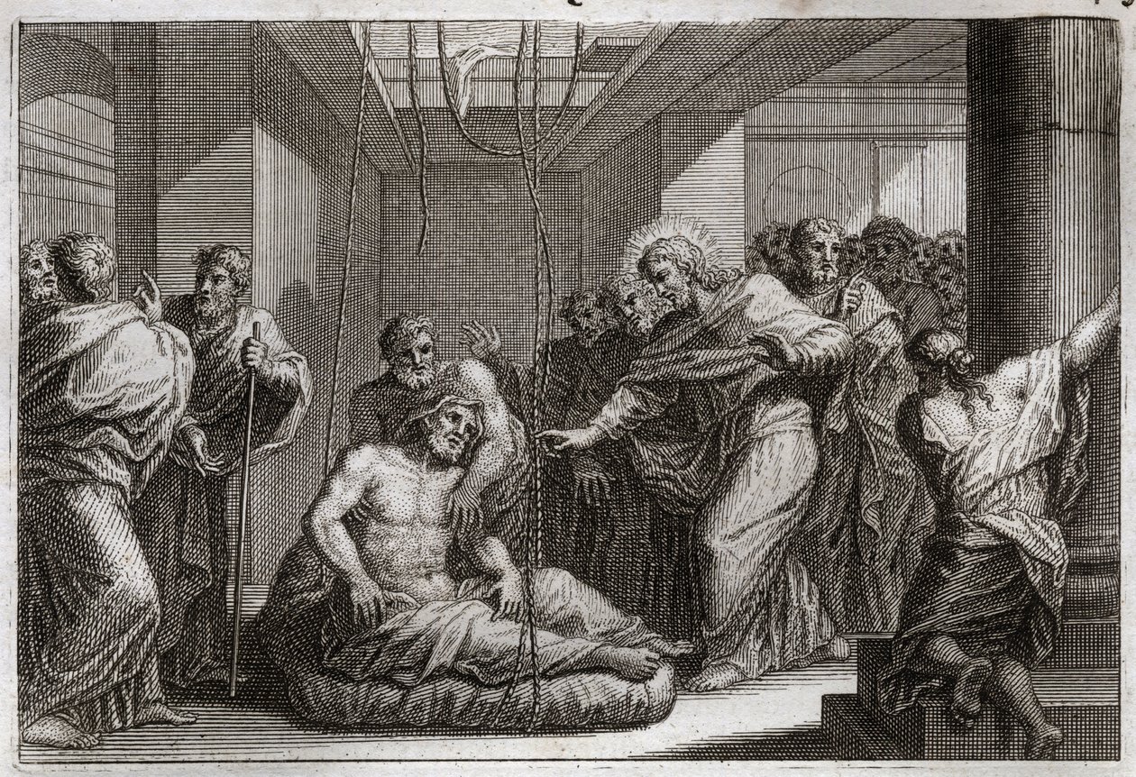 Bíblia de Royaumont, Novo Testamento: Paraolítico. Jesus Cristo chamou São Mateus, e curou um paralítico em Capharnaeum. Ilustração de 1811. de Unknown artist