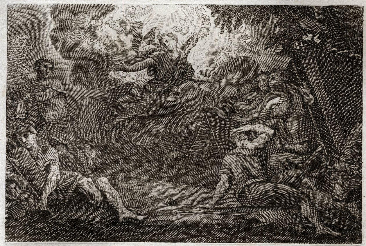 Bíblia de Royaumont, Novo Testamento: Pastores na Creche. Um Anjo anuncia o Nascimento de Jesus Cristo aos Pastores (Anunciação aos Pastores). Ilustração de 1811. de Unknown artist