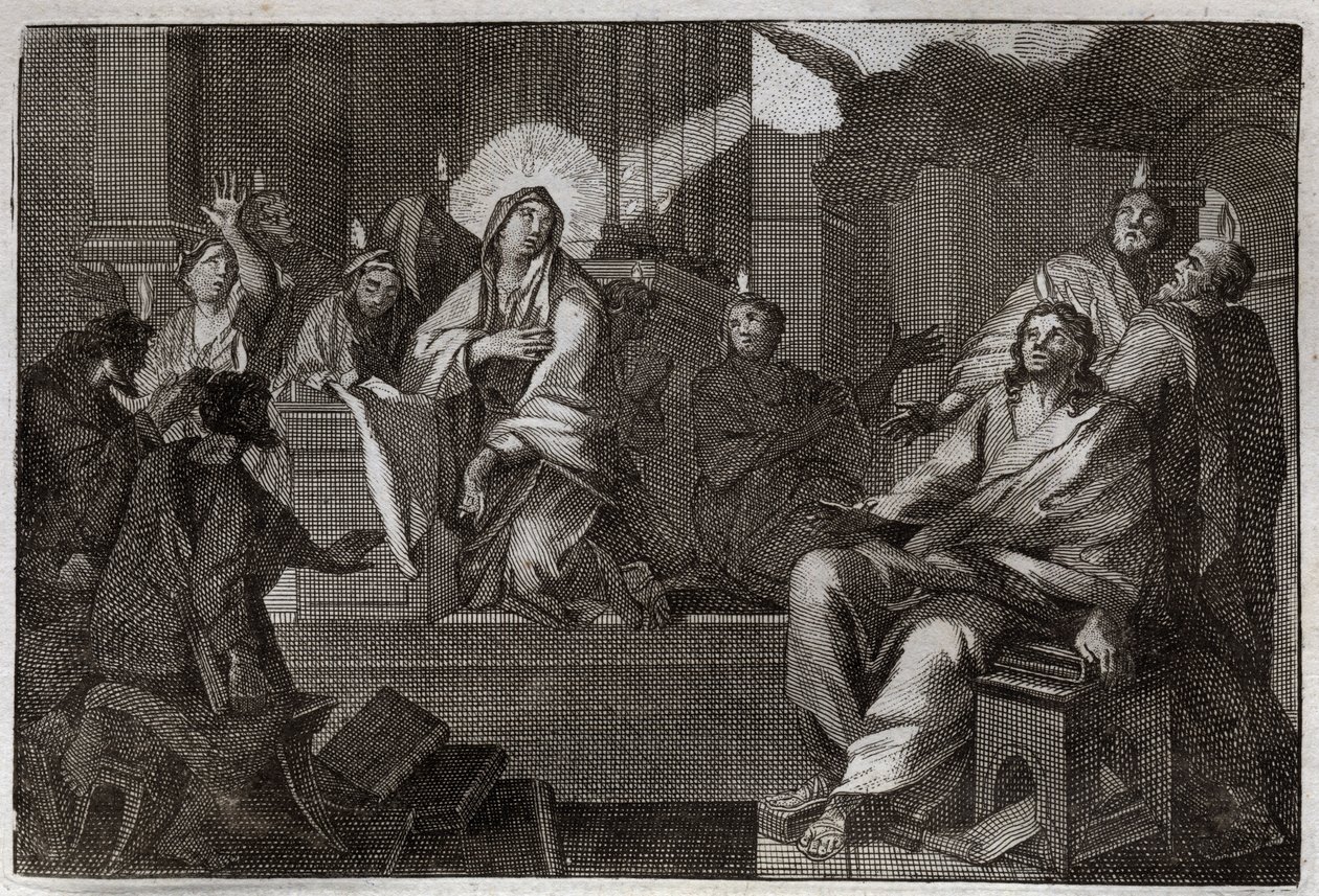 Bíblia de Royaumont, Novo Testamento: Pentecoot. O Espírito Santo desce sobre a Virgem Maria e os Apoters. Ilustração de 1811. de Unknown artist