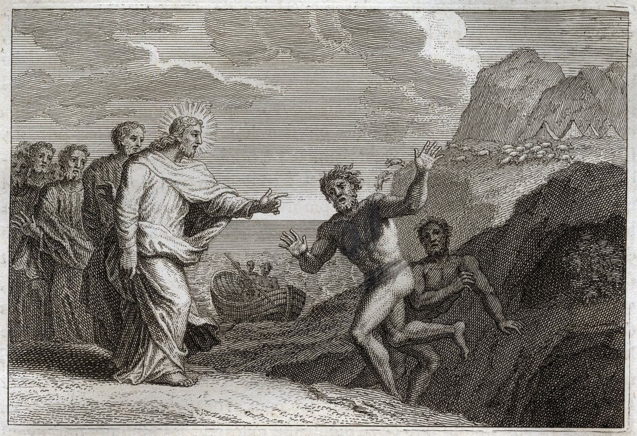 Bíblia de Royaumont, Novo Testamento: Posssede gueri. Jesus Cristo curou uma possede que o demônio deixou furiosa. Ilustração de 1811. de Unknown artist