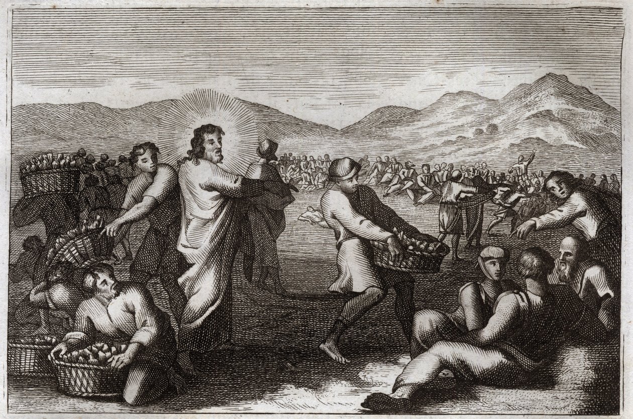 Bíblia de Royaumont, Novo Testamento: Propagação de pães. Jesus Cristo multiplica cinco pães, e alimenta cinco mil homens. Ilustração de 1811. de Unknown artist