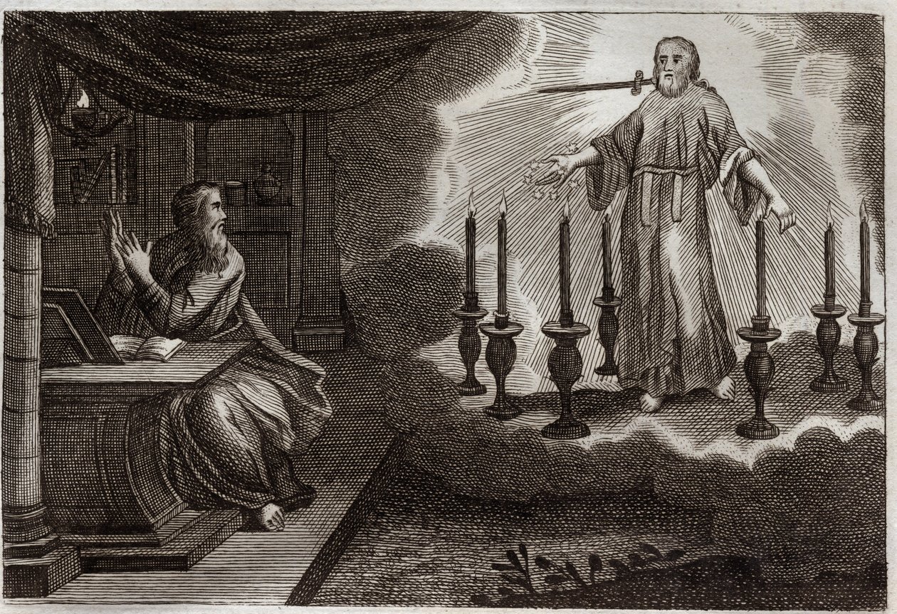 Bíblia de Royaumont, Novo Testamento: Revelações de São João em Apocalipse. Jesus Cristo aparece em São João entre sete castiçais de ouro, com sete estrelas na mão direita e uma espada saindo de sua boca. Ilustração de 1811. de Unknown artist
