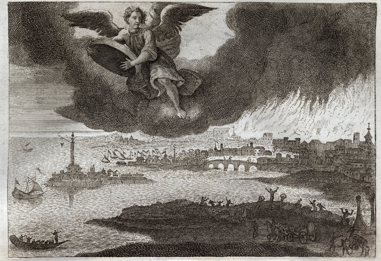 Bíblia de Royaumont, Novo Testamento: Ruína da Babilónia. Babilônia em chamas, um anjo atira uma pedra ao mar, simbolizando a destruição desta cidade durante o Apocalipse. Ilustração de 1811. de Unknown artist