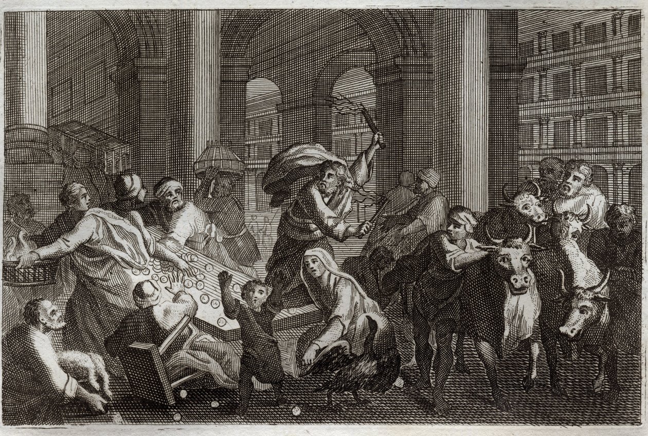 Bíblia de Royaumont, Novo Testamento: Caça aos Vendedores do Templo. Jesus Cristo afasta do Templo aqueles que o profanaram pelo tráfico que lá faziam. Ilustração de 1811. de Unknown artist