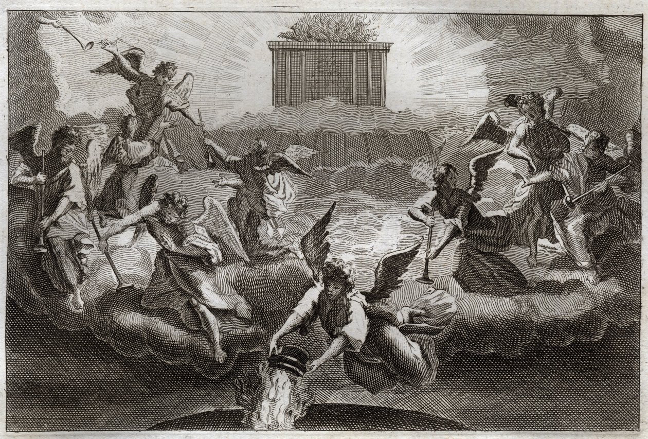 Bíblia de Royaumont, Novo Testamento: Sete Anjos tocando as trombetas do Apocalipse após a abertura do sétimo selo do livro pelo Cordeiro. Outro Anjo pega num incensário, enche-o com o fogo do Altar e lança-o sobre a terra. Ilustração de de Unknown artist