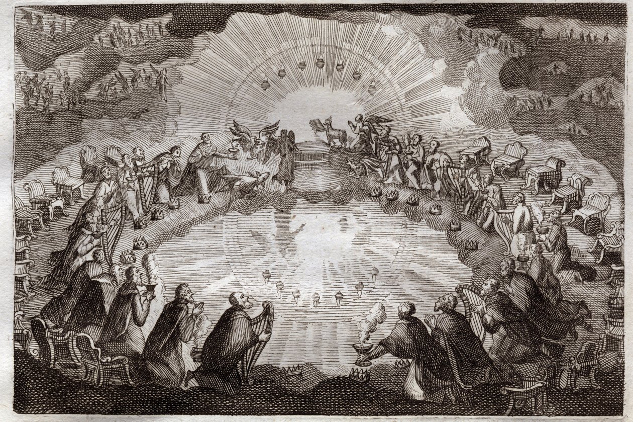 Bíblia de Royaumont, Novo Testamento: Sete selos do livro aberto pelo Cordeiro. Os vinte e quatro anciãos prostram-se diante do trono cercados por um leão, um boi, um homem e uma águia (tetramorfa) e sete lâmpadas. Ilustração de 1811. de Unknown artist