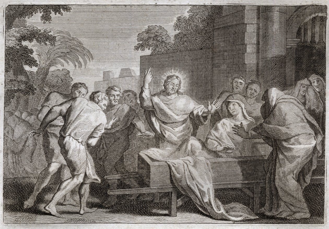 Bíblia de Royaumont, Novo Testamento: Filho da viúva de Naim. Jesus Cristo levanta o filho de uma viúva da cidade de Naim. Ilustração de 1811. de Unknown artist