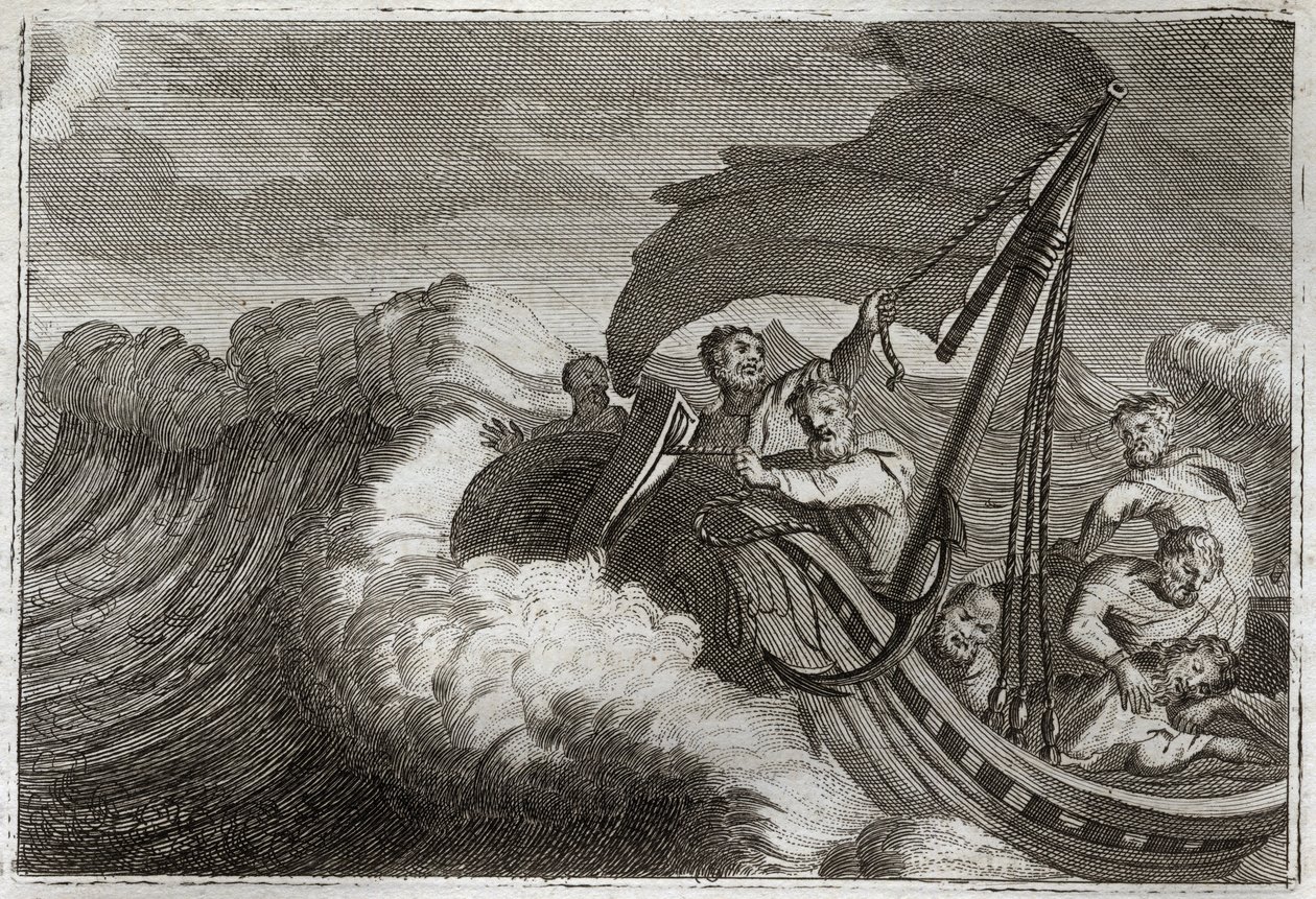 Bíblia de Royaumont, Novo Testamento: A tentação apaziguou. Os Apoters são surpreendidos por uma tempestade que despertou Jesus Cristo que dormiu em seu navio, e ele também acalma o Mar da Galileia. Ilustração de 1811. de Unknown artist