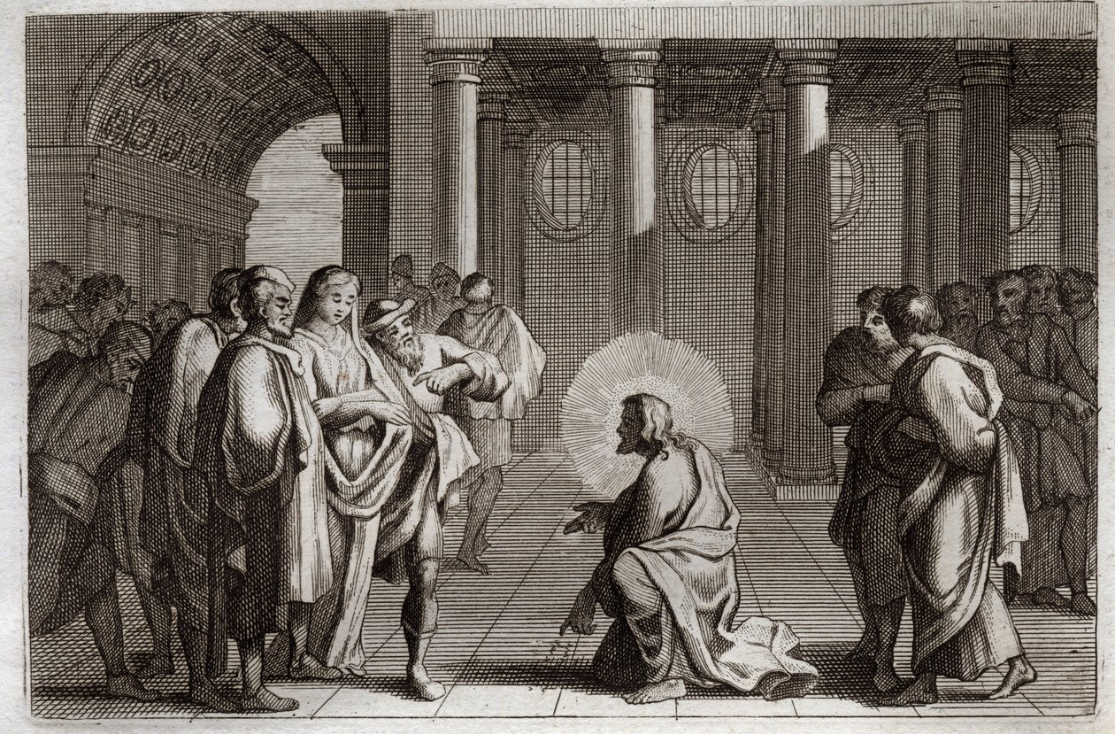 Bíblia de Royaumont, Novo Testamento: A Mulher Adultera. Jesus Cristo está divinamente se iludindo das armadilhas que os judeus colocaram sobre ele, perguntando-lhe o que deve ser feito de uma mulher apanhada em adultério, dizendo: "Que aquele de vós que e de Unknown artist