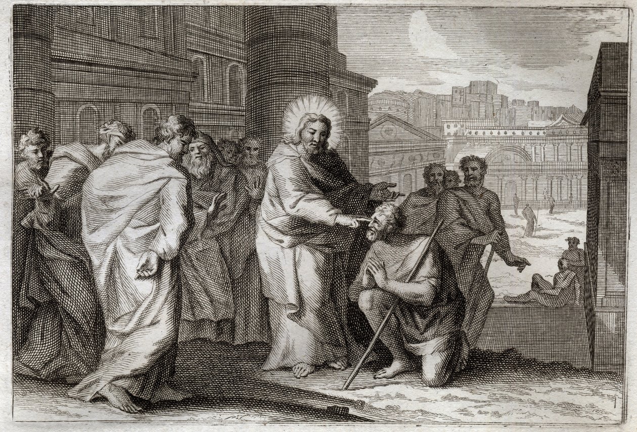 Bíblia de Royaumont, Novo Testamento: O Cego faz. Jesus Cristo guerreia milagrosamente os Cegos. Ilustração de 1811. de Unknown artist