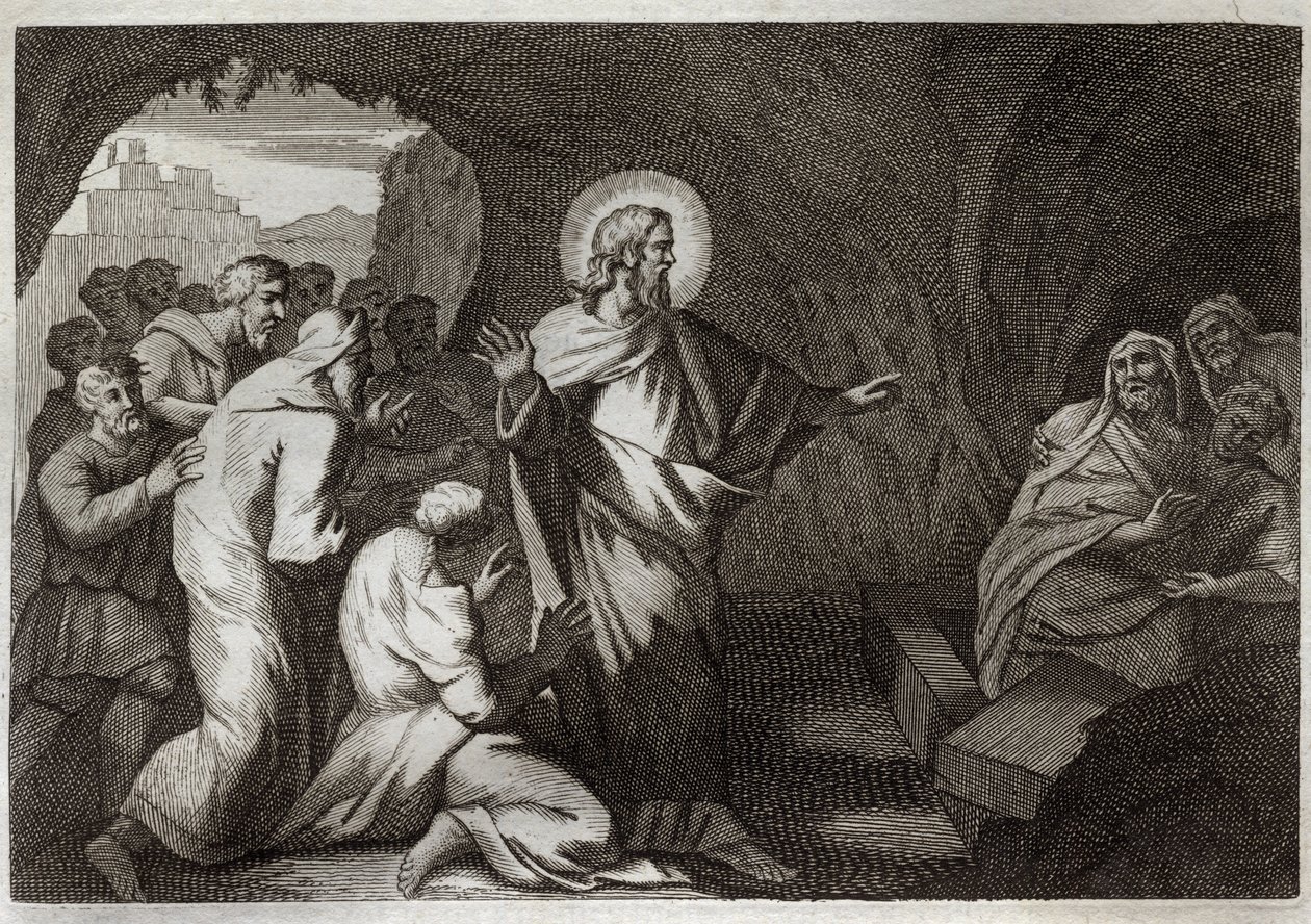 Bíblia de Royaumont, Novo Testamento: A Ressurreição de Lázaro por Jesus Cristo. Ilustração de 1811. de Unknown artist