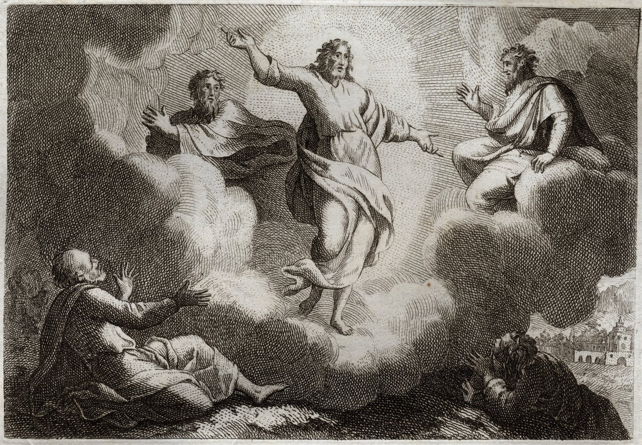 Bíblia de Royaumont, Novo Testamento: A Transfiguração de Jesus Cristo. Cristo rodeia Moisés e Elias com o apóstolo São João, Pedro e Tiago. Ilustração de 1811. de Unknown artist