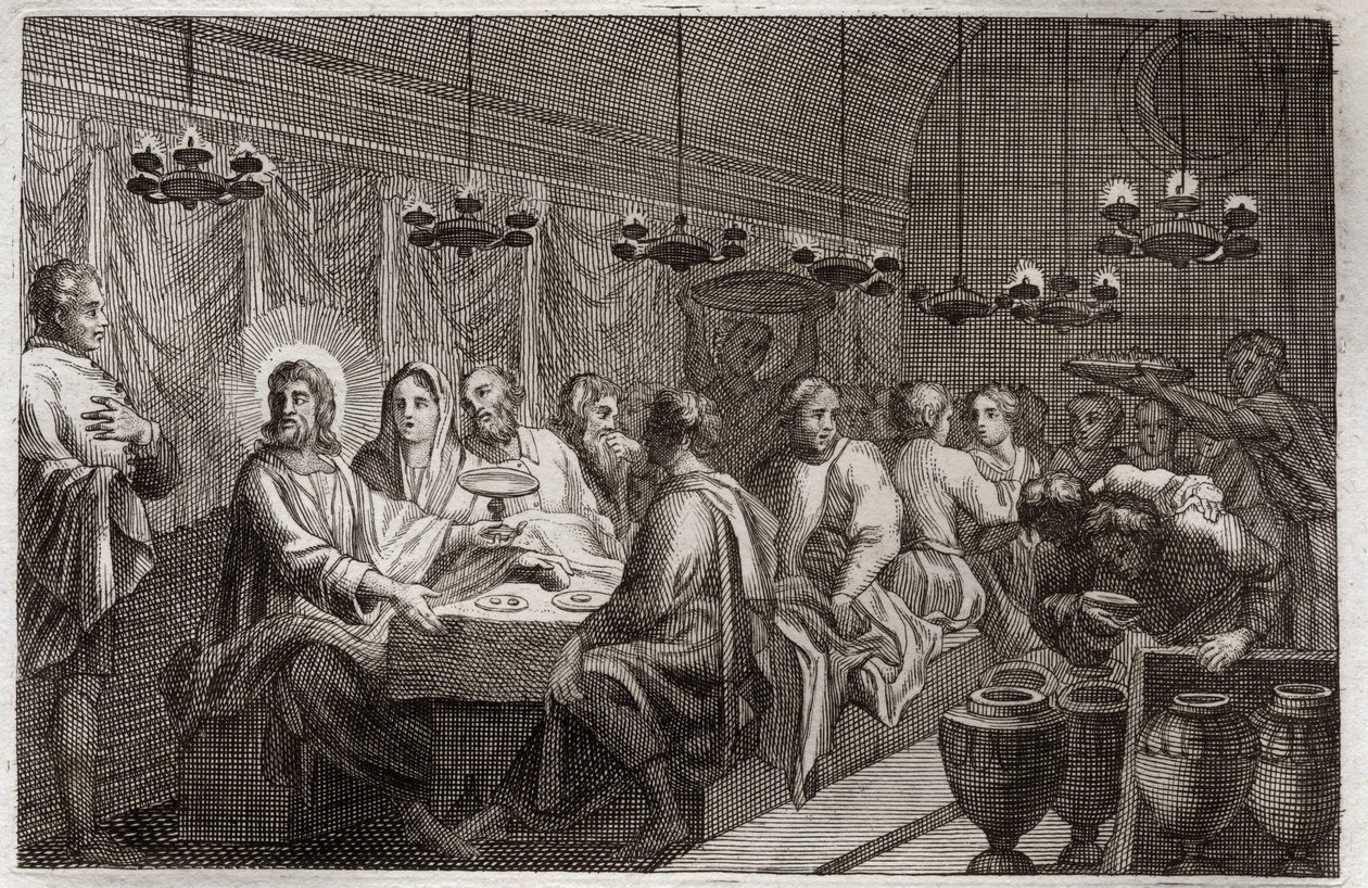 Bíblia de Royaumont, Novo Testamento: O Casamento de Caná. O primeiro milagre de Jesus Cristo que transformou água em vinho. Ilustração de 1811. de Unknown artist