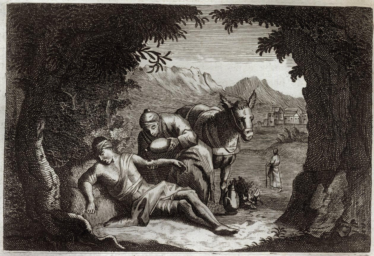 Bíblia de Royaumont, Novo Testamento: A parábola do Bom Samaritano. O samaritano parou no seu caminho para resgatar o homem em perigo. Ilustração de 1811. de Unknown artist