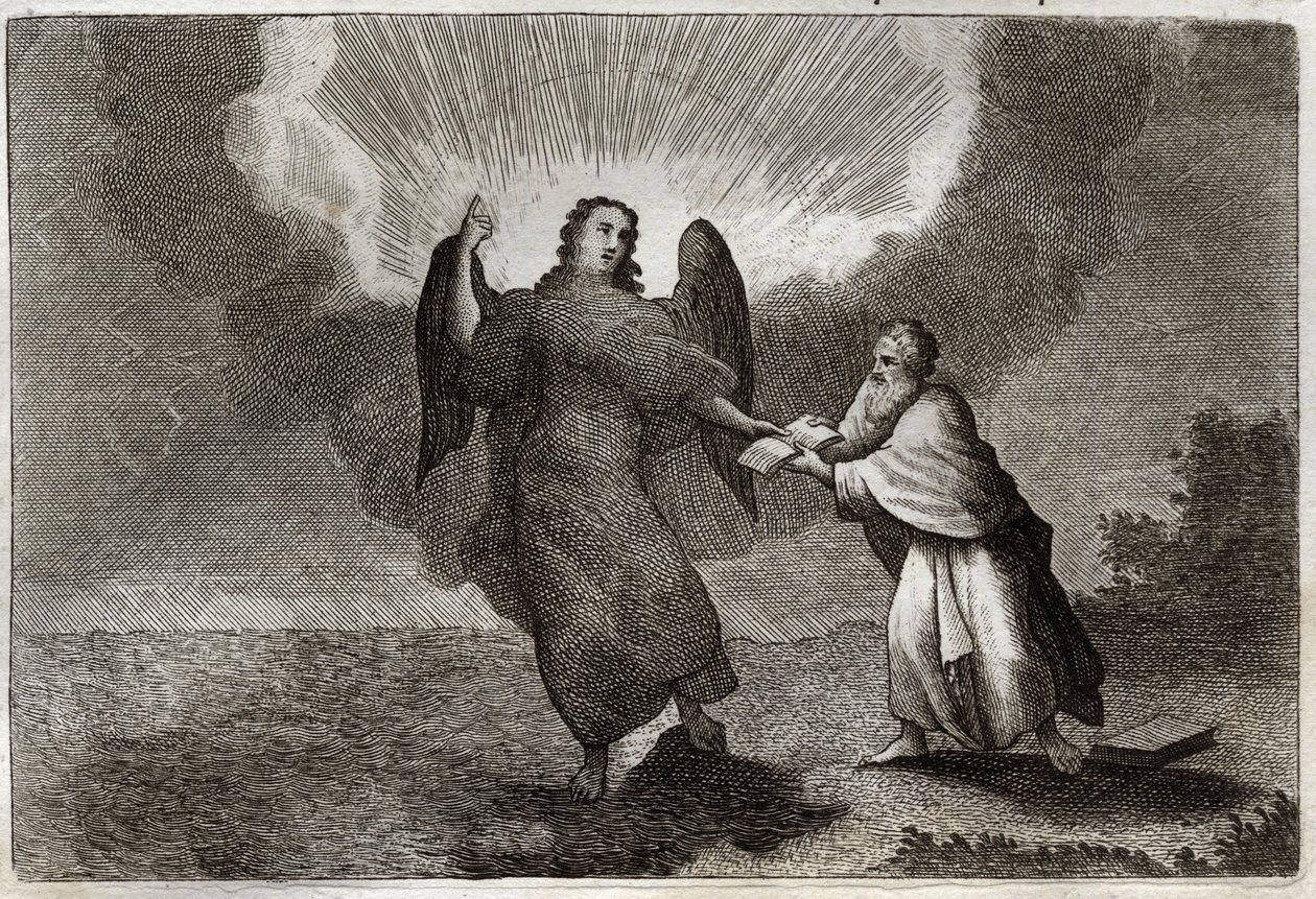 Bíblia de Royaumont, Novo Testamento: Visão de São João. Visão do Anjo com um Livro Aberto dá São João para devorá-lo. Ilustração de 1811. de Unknown artist