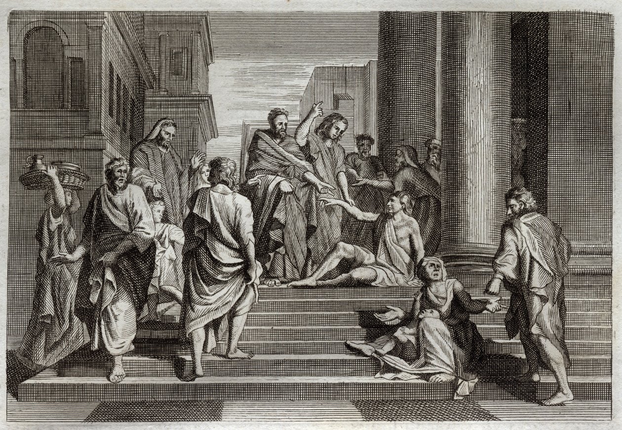 Bíblia de Royaumont, Novo Testamento: Guerra do coxo. São Pedro, acompanhado por São João, guerreou milagrosamente um coxo em Jerusalém. Ilustração de 1811. de Unknown artist