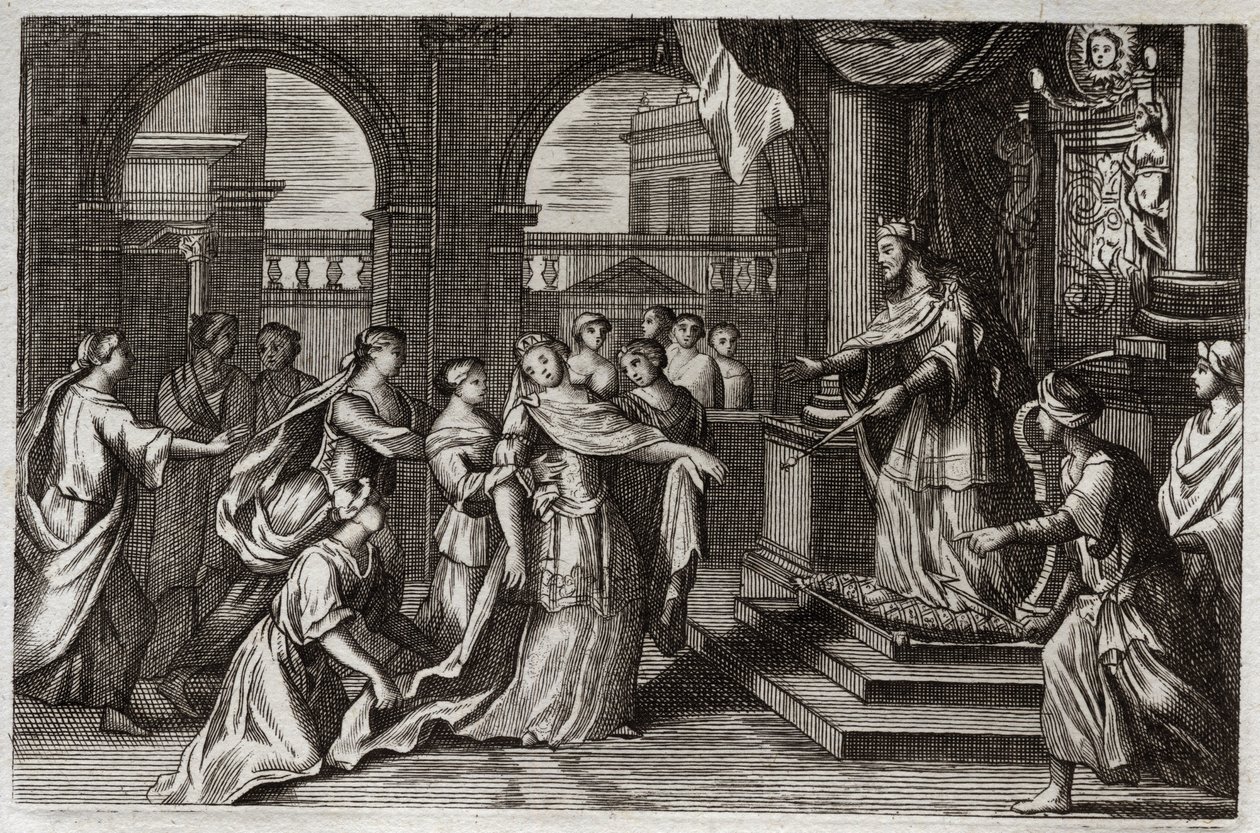 Bíblia de Royaumont, Velho Testamento: Ester irá apresentar-se perante o Rei Xerxes I (Assuero I), com a intenção de salvar o seu povo da morte que o ameaçou. Ilustração de 1811. de Unknown artist