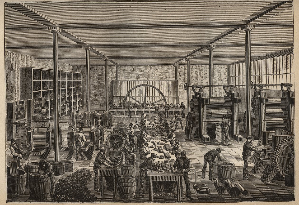 Borracha: fábrica de borracha. Gravura de 1885 em "Les arts et metiers illustres" de Adolphe BITARD. de Unknown artist