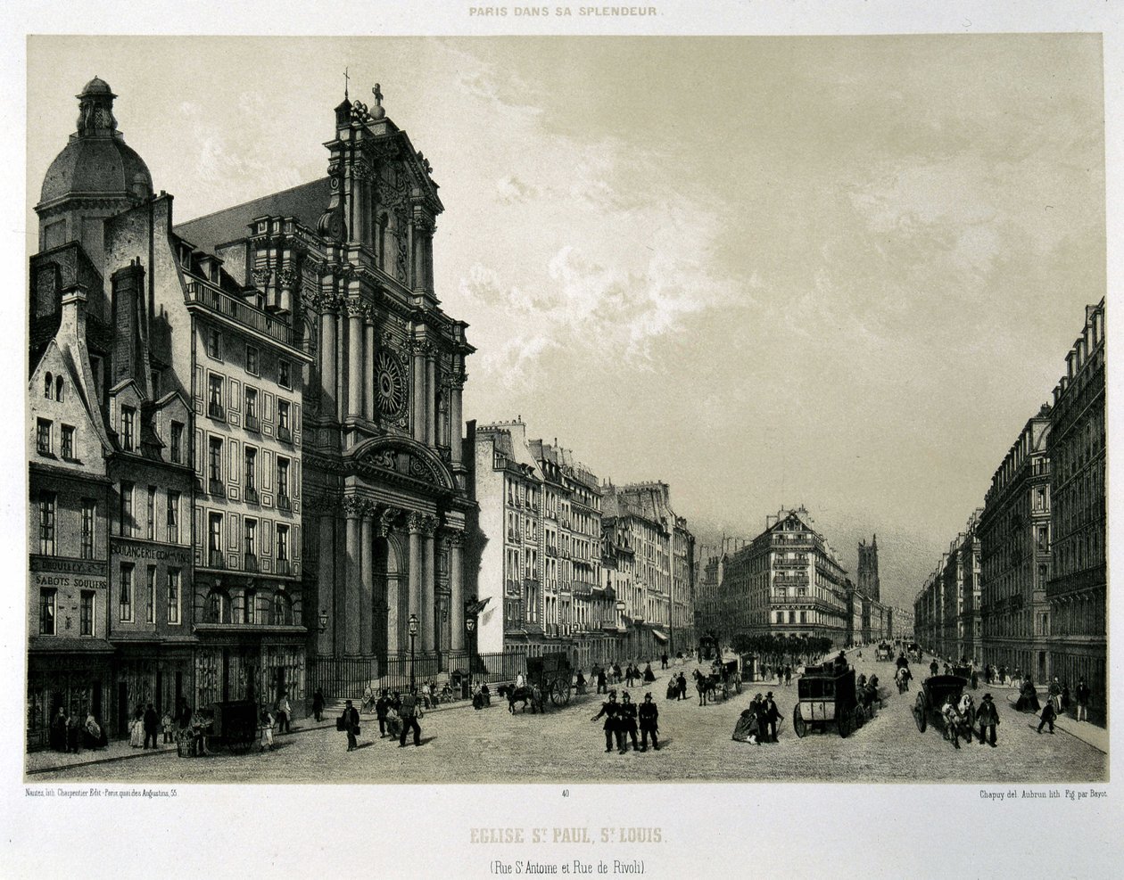 Rue Saint-Antoine e de Rivoli, igrejas Saint-Paul e Saint-Louis de Unknown artist