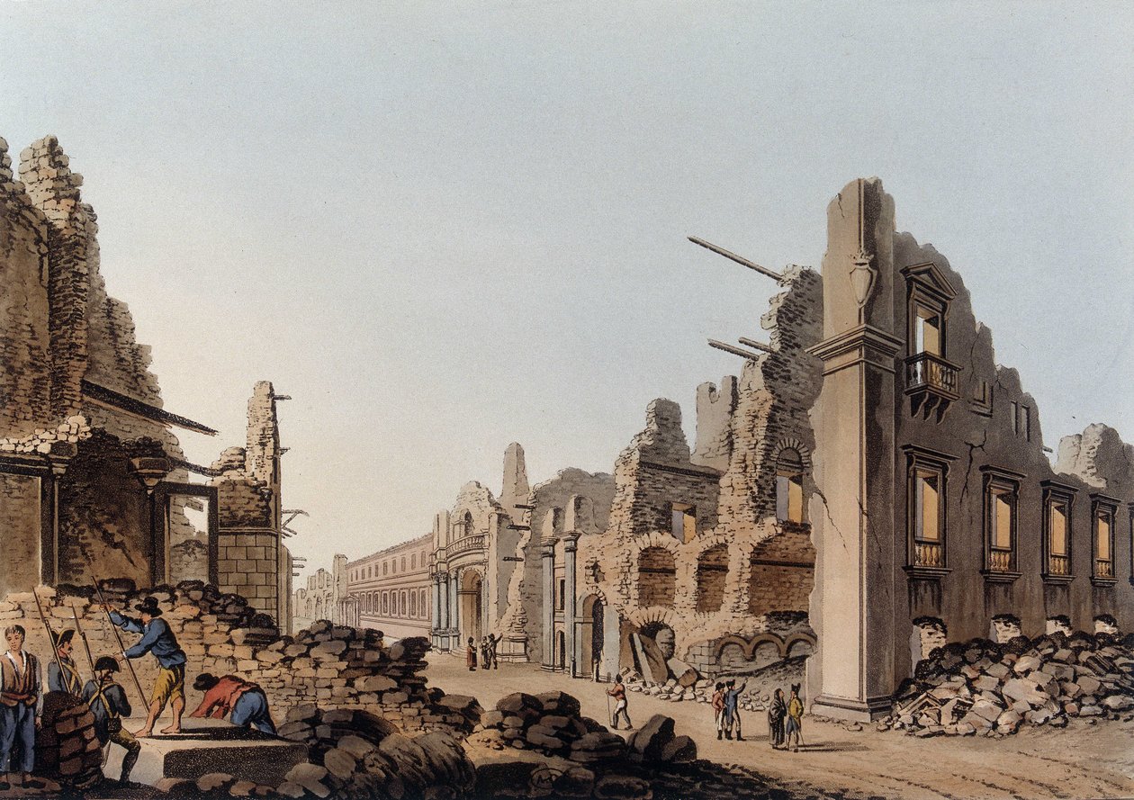 Ruínas causadas pelo terremoto em Messina (Messina) em 1783. Em "Vistas nos domínios otomanos, na Europa, na Ásia e em algumas das ilhas mediterrâneas". de Unknown artist