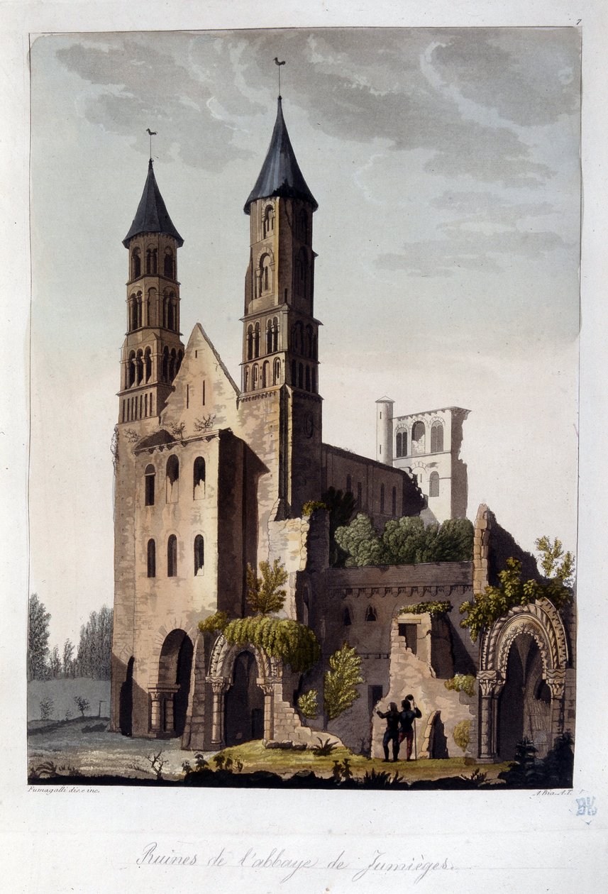 Ruínas da Abadia de Jumieges - em "The old and modern costume" do Dr. Ferrario, ed. Milão de Unknown artist